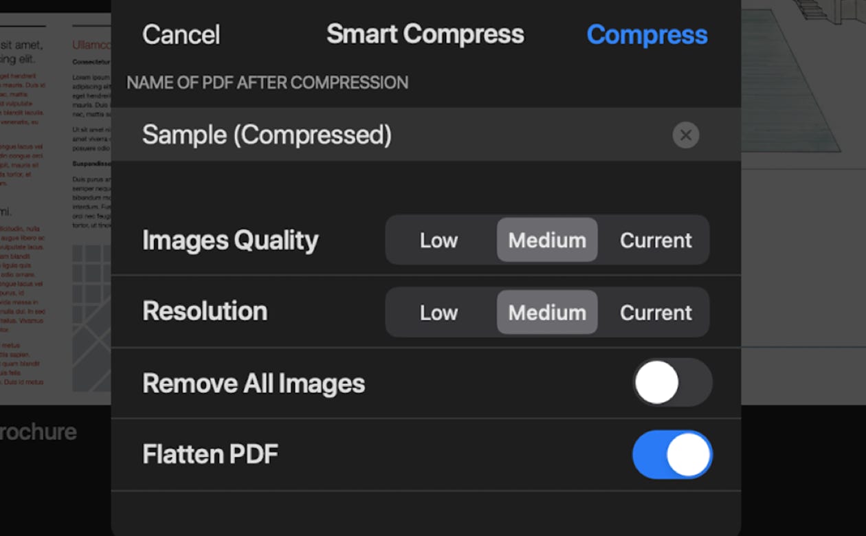 PDF Office function smart-compress settings in popup window