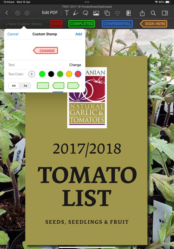 iPad screen showing PDF Office ability to create custom stamps