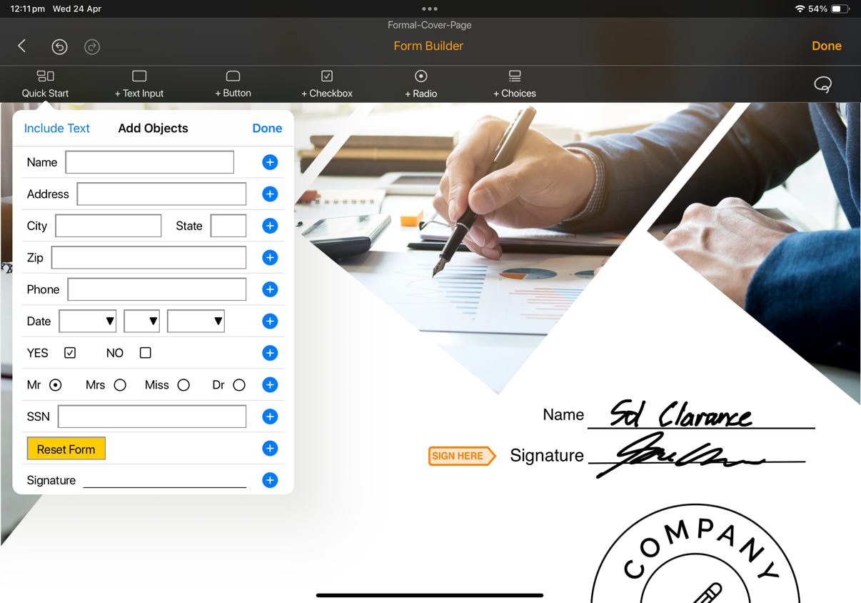 iPad screenshot of placing a signature on pdf